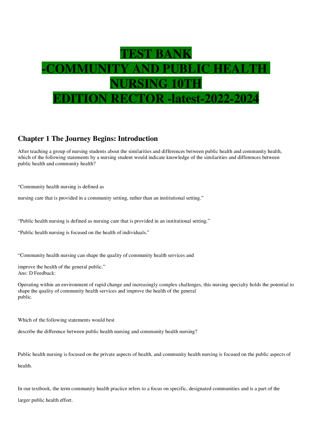 Preview image for TEST BANK -COMMUNITY AND PUBLIC HEALTH NURSING 10TH EDITION RECTOR -latest-2022-2024